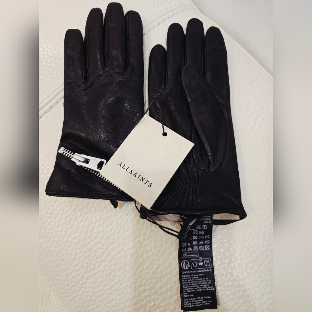 All Saints Geniune Leather Gloves Assymetric Zipper Black Size S - Picture 2 of 5